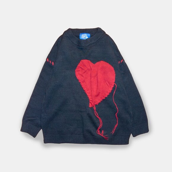 Crew Neck Oversized Knit Sweater, Alfrec Eden, Heart Stitch Design, Blue & Red - Picture 1 of 9